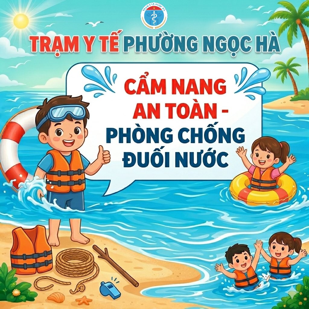 Có thể là hình ảnh về ‎văn bản cho biết '‎ي TRẠM Y TẾ PHƯỜNG NGỌC HÀ CẨM NANG AN TOÀN- PHÒNG CHỐNG ĐUỐI NƯỚC‎'‎