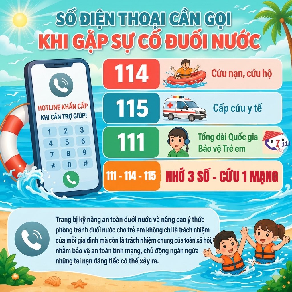 Có thể là hình ảnh về điện thoại và văn bản cho biết 'SỔ ĐIỆN THOẠI CẦN GỌI KHI GẶP SỰ CỔ ĐUỐI NƯỚC 114 Cứu nạn, cứu hộ HOTLINE KHẨN CẤP CẦN TRỢ GIÚP! 1 3 115 2 5 4 Cấpcứuytế Cấp 6 9 7 8 0 # 111 Tổng dài Quốc gia Bảo vệ Trẻ em NHỚ SỐ -CỨU MẠNG Trang kỹ năng toàn dưới nước và nâng cao thức phòng tránh đuối nước cho em không chi trách nhiệm của mỗi gia đinh mà còn trách nhiệm chung của toàn hội, nhằm bảo vệ toàn tính mạng, chủ động ngăn ngừa những tai nạn đáng tiếc có thể ra.'